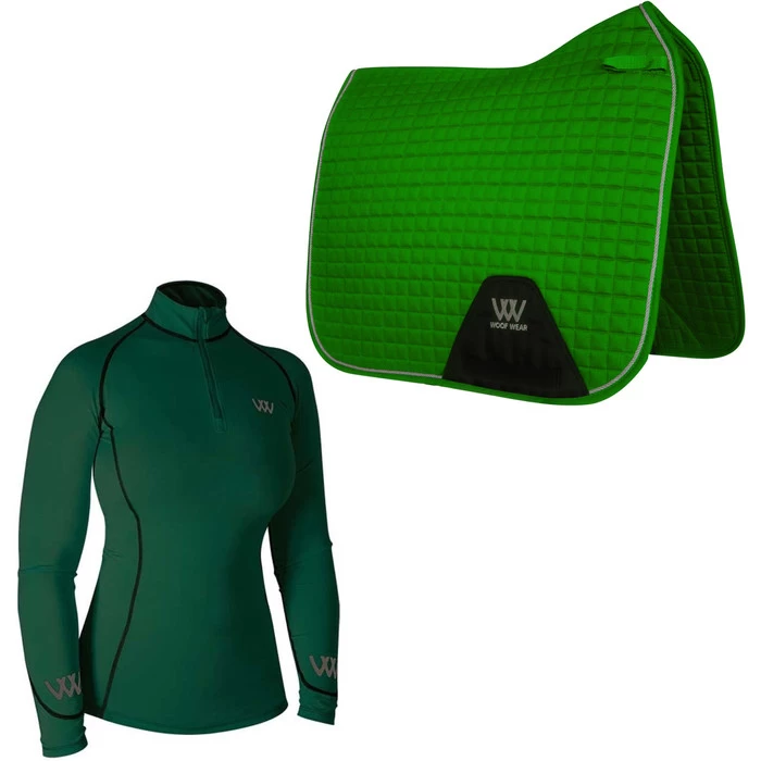 2022 Woof Wear Performance Riding Shirt & Dressage Saddle Cloth Bundle - British Racing Green Colour British Racing Green 3 2022 Woof Wear Performance Riding Shirt & Dressage Saddle Cloth Bundle - British Racing Green Colour British Racing Green