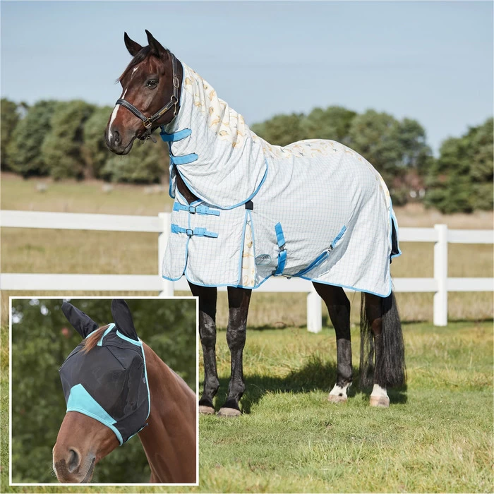 2023 Weatherbeeta Summer Sheet IV Lite Rug & Fly Mask SUPER DEAL WTRFM1 - Seahorse Print / Black / Turquoise 3 2023 Weatherbeeta Summer Sheet IV Lite Rug & Fly Mask SUPER DEAL WTRFM1 - Seahorse Print / Black / Turquoise